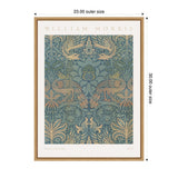 Framed William Morris 1878 Peacock and Dragon artwork featuring stylized peacocks and dragons in muted blue and beige tones with botanical patterns.