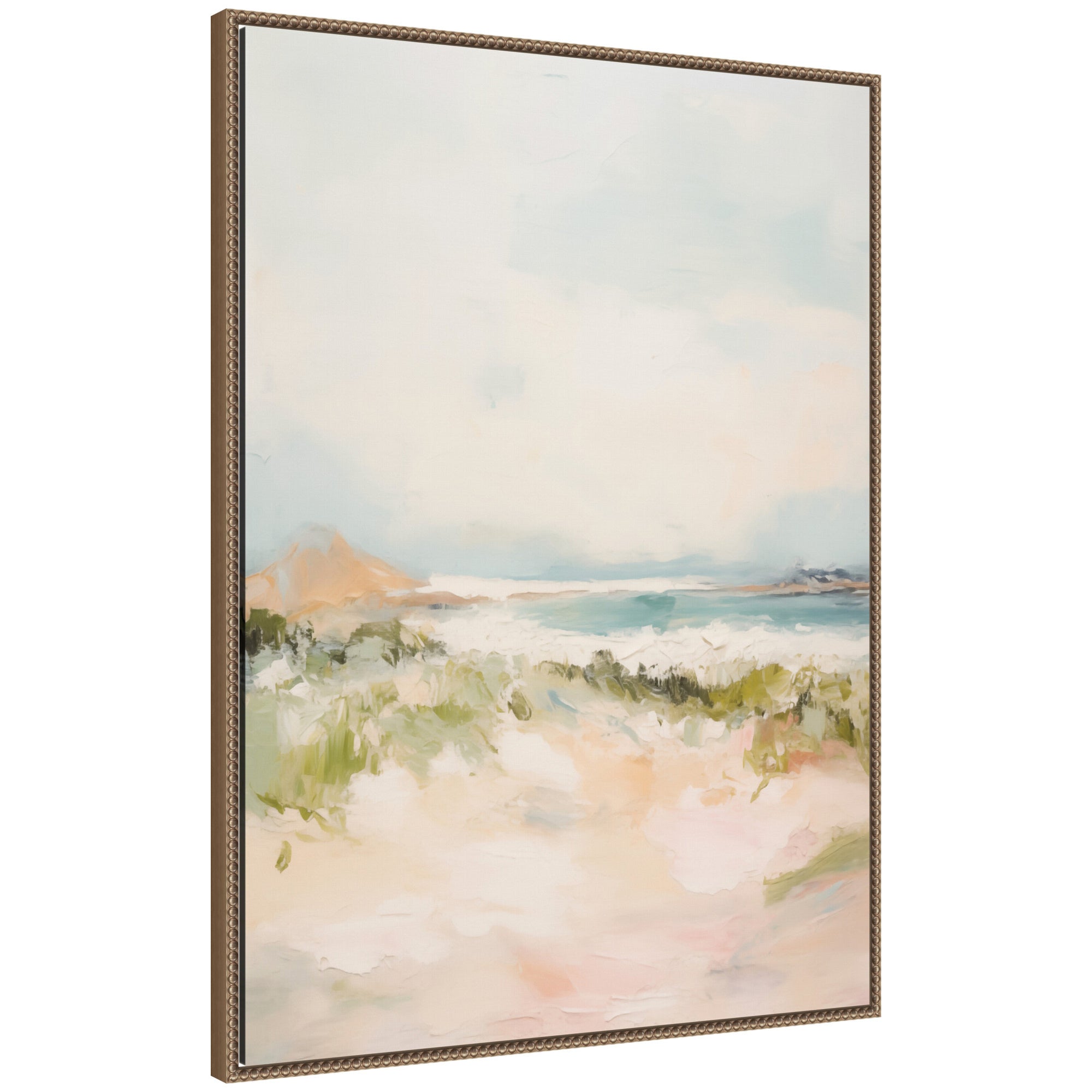 Framed canvas print titled Tranquil Landscape III expansion by Amy Lighthall showing serene coastal landscape in soft pastel colors with natural woodgrain frame