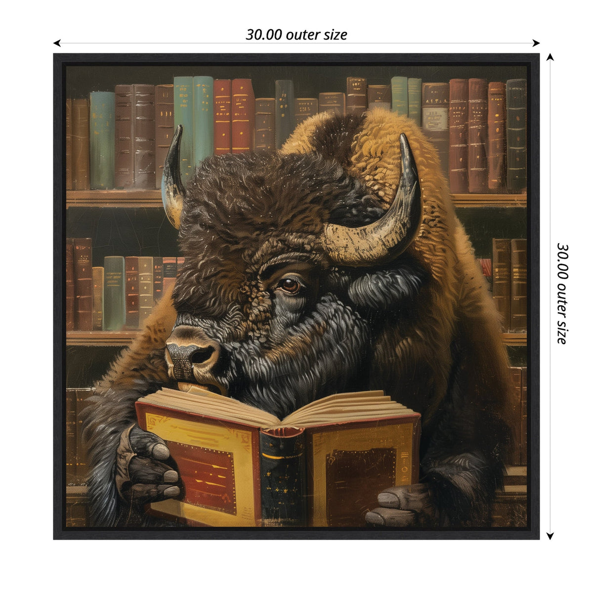 Realistic buffalo with textured brown fur reading an open book in front of a wooden bookshelf filled with vintage hardcover books, framed in black.