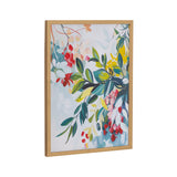 Abstract botanical print featuring overlapping leaves in jewel tones of blue, green, red, and yellow on a light background, framed in light wood.