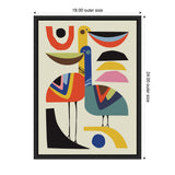 Abstract pelicans in bold geometric shapes with colorful patterns in red, blue, yellow, pink, and black, framed in a simple black frame. Dimensions indicated as 18x24 inches.