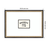 Framed wall art print with the handwritten text 'DRAMATIC EXIT' and a right arrow in black on a beige background within an ornate gold and black frame, sized 26 by 19 inches.