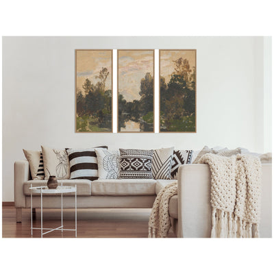 Landscape by the River Barycz Adolf Dressier 3 Piece Framed Canvas Wall Art Set by Nostalgia Prints