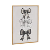 Framed artwork with three black and white bow illustrations stacked vertically on a white background, each bow featuring different shading and ribbon tail designs.