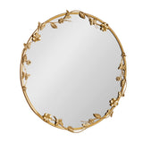 Rosella Floral Wall Mirror Metal featuring ornate floral and butterfly detailing in a round shape, shown on a neutral textured wall.