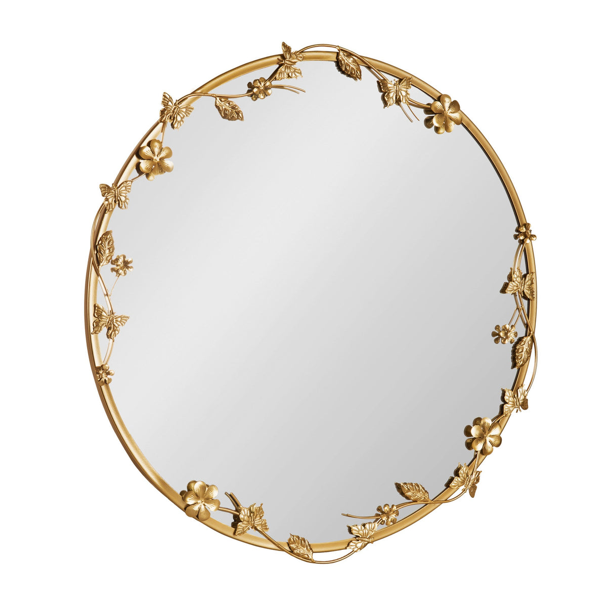 Rosella Floral Wall Mirror Metal featuring ornate floral and butterfly detailing in a round shape, shown on a neutral textured wall.