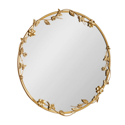 Rosella Floral Wall Mirror Metal featuring ornate floral and butterfly detailing in a round shape, shown on a neutral textured wall.