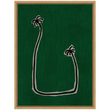 Framed canvas with a deep green background featuring a minimalist U-shaped abstract line outlined in black with grey interior, ending in stylized palm tree shapes.