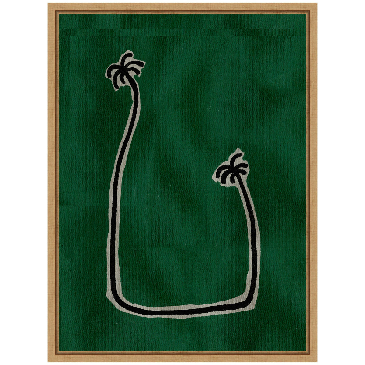 Framed canvas with a deep green background featuring a minimalist U-shaped abstract line outlined in black with grey interior, ending in stylized palm tree shapes.