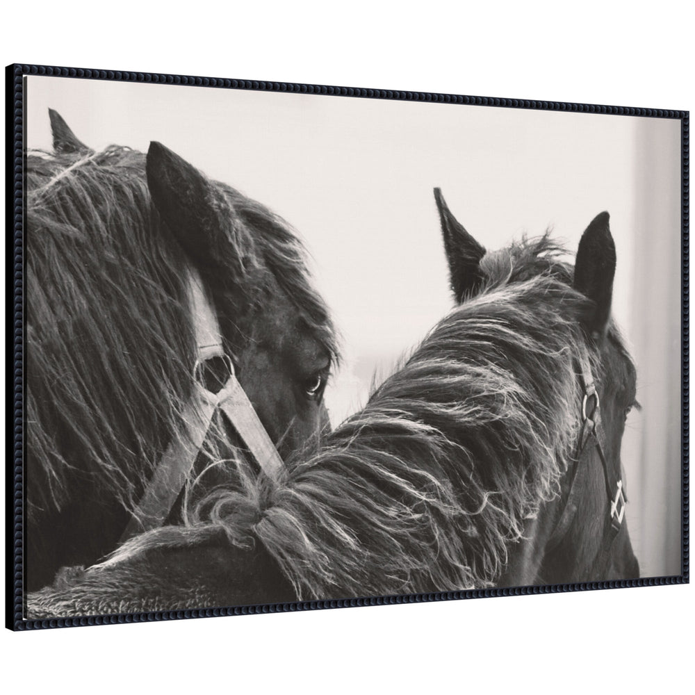 Black Horses framed canvas wall art showing two black horses side by side in a rustic farmhouse style frame