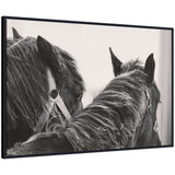 Black Horses framed canvas wall art showing two black horses side by side in a rustic farmhouse style frame