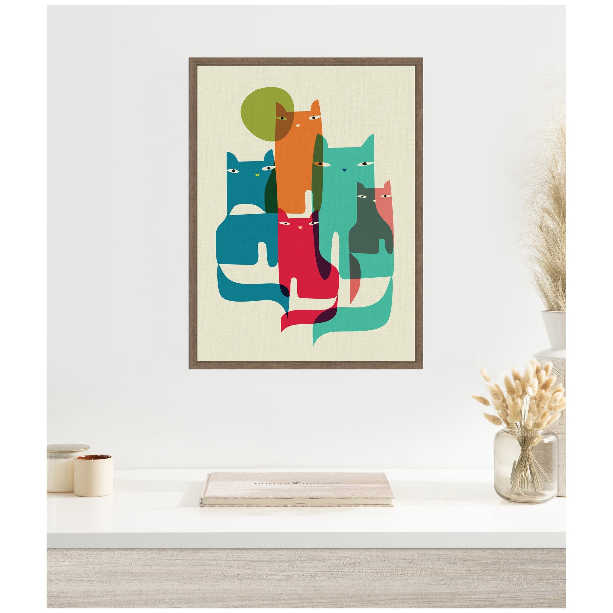 Sylvie Retro Cats Under The Moon Framed Canvas by Rachel Lee