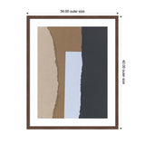 Abstract composition of vertical torn paper strips in beige, brown, light blue, and black within a dark wooden frame, sized 34 by 42 inches.