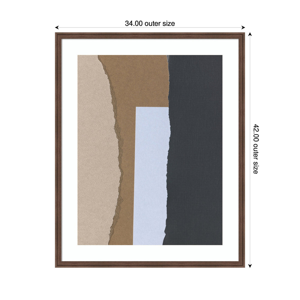 Abstract composition of vertical torn paper strips in beige, brown, light blue, and black within a dark wooden frame, sized 34 by 42 inches.