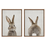 Two framed canvas prints side by side showing a brown rabbit, one with the rabbit facing forward and the other with its back and tail visible on a neutral textured background.
