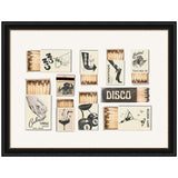Framed art print featuring twelve vintage matchboxes with black and beige retro designs including cocktails, disco, bar signs, and classic illustrations.