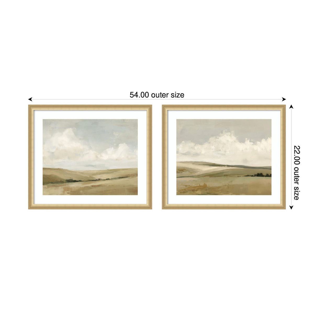 Two framed landscape paintings by Amy Lighthall featuring softly blended beige and green fields under cloudy, light gray skies, with light wood frames and white mats.