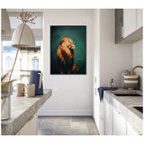 Framed canvas of a lion with a mane, set against a dark green background, hanging on a white wall in a modern kitchen with light gray countertops and minimal decor.
