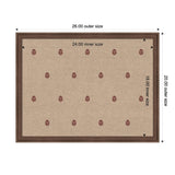 Rectangular pinboard with a dark brown wooden frame and beige fabric surface featuring evenly spaced small red botanical block print motifs, with outer dimensions 26x20 inches.