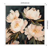 Painterly canvas with four large cream-colored peony flowers and dark green leaves against a deep teal background in a white frame.