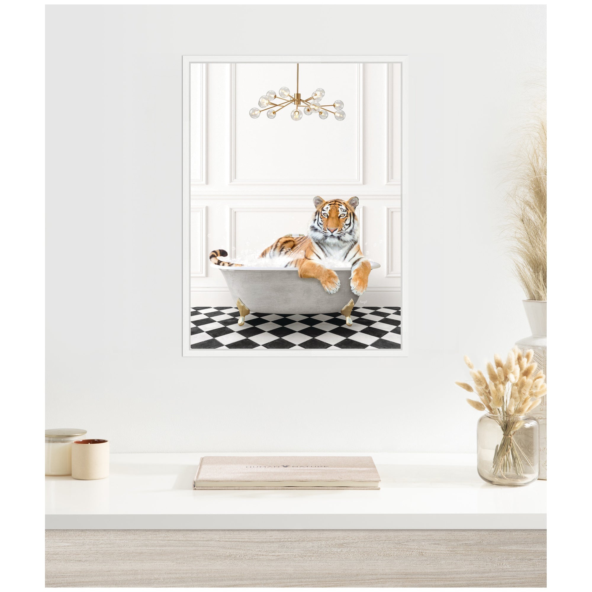 Sylvie Tiger in Gray Bathtub Checker Floor Framed Canvas by Amy Peterson