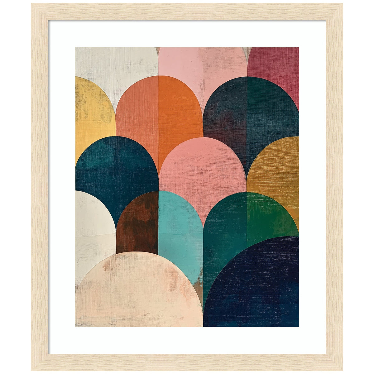 Abstract geometric print featuring overlapping rounded shapes in jewel tones like teal, coral, mustard, and cream, framed in light wood with a white mat border.