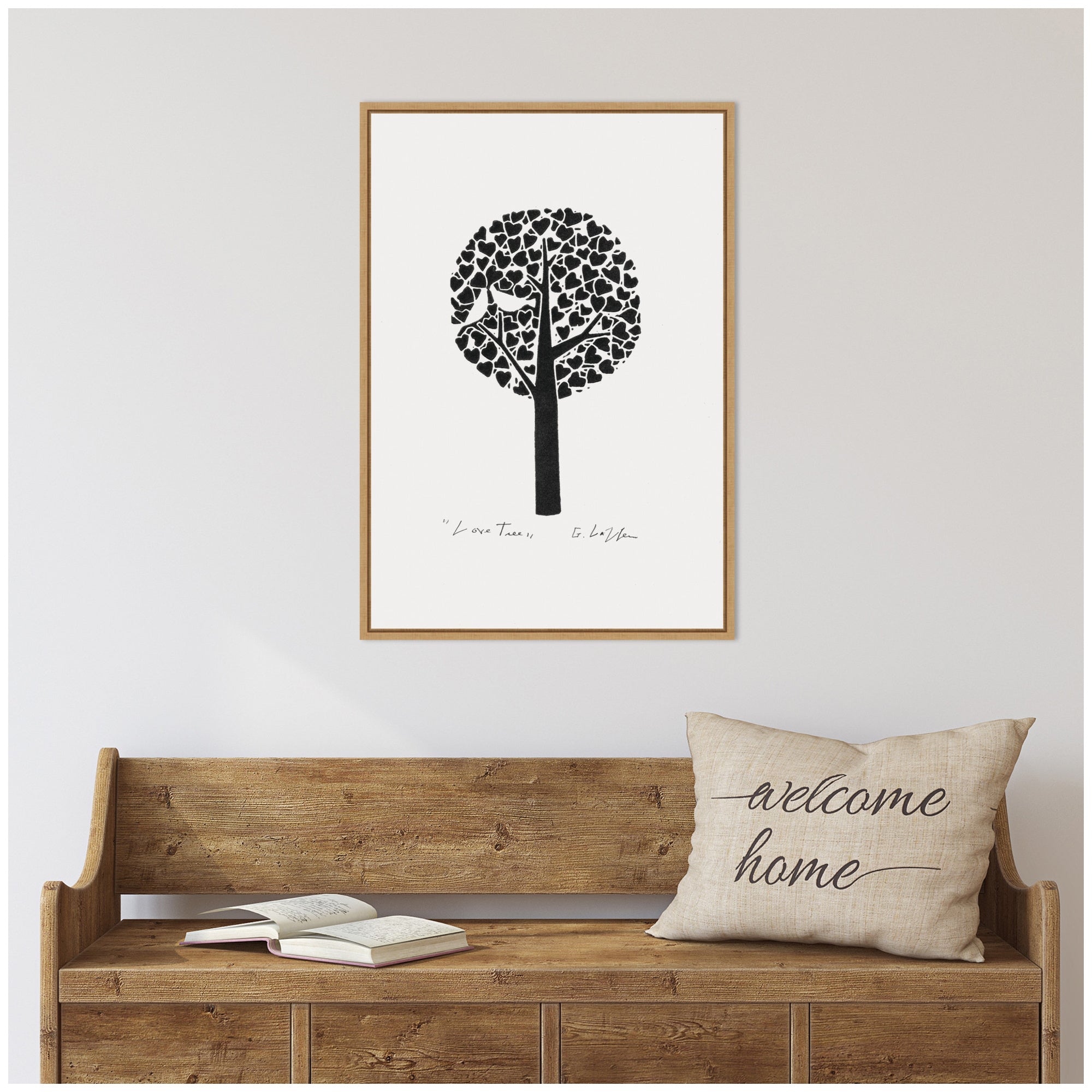 Sylvie Black and White Love Tree Linocut Framed Canvas by Giuliana Lazzerini