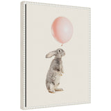 Framed canvas art titled 'Sylvie The Bunny and the Pink Balloon' showing a bunny holding a pink balloon, with a vintage beaded frame