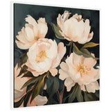 Painterly illustration of soft peach and cream peonies with dark green leaves on a deep charcoal background, framed in a simple white frame.