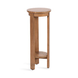 Tall round wood side table with a smooth top, three vertical legs, and a lower circular shelf connecting the legs, in a warm brown finish.