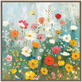 Framed canvas painting of a wildflower garden with colorful flowers in shades of orange, yellow, pink, red, and white against a soft blue and green background.