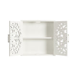 White wooden wall cabinet with two open doors featuring symmetrical floral cutout patterns, revealing an interior shelf dividing the storage space.