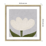 Framed painting of a simple white tulip with two green leaves on a muted grayish-blue background, in a decorative beaded light gold frame.