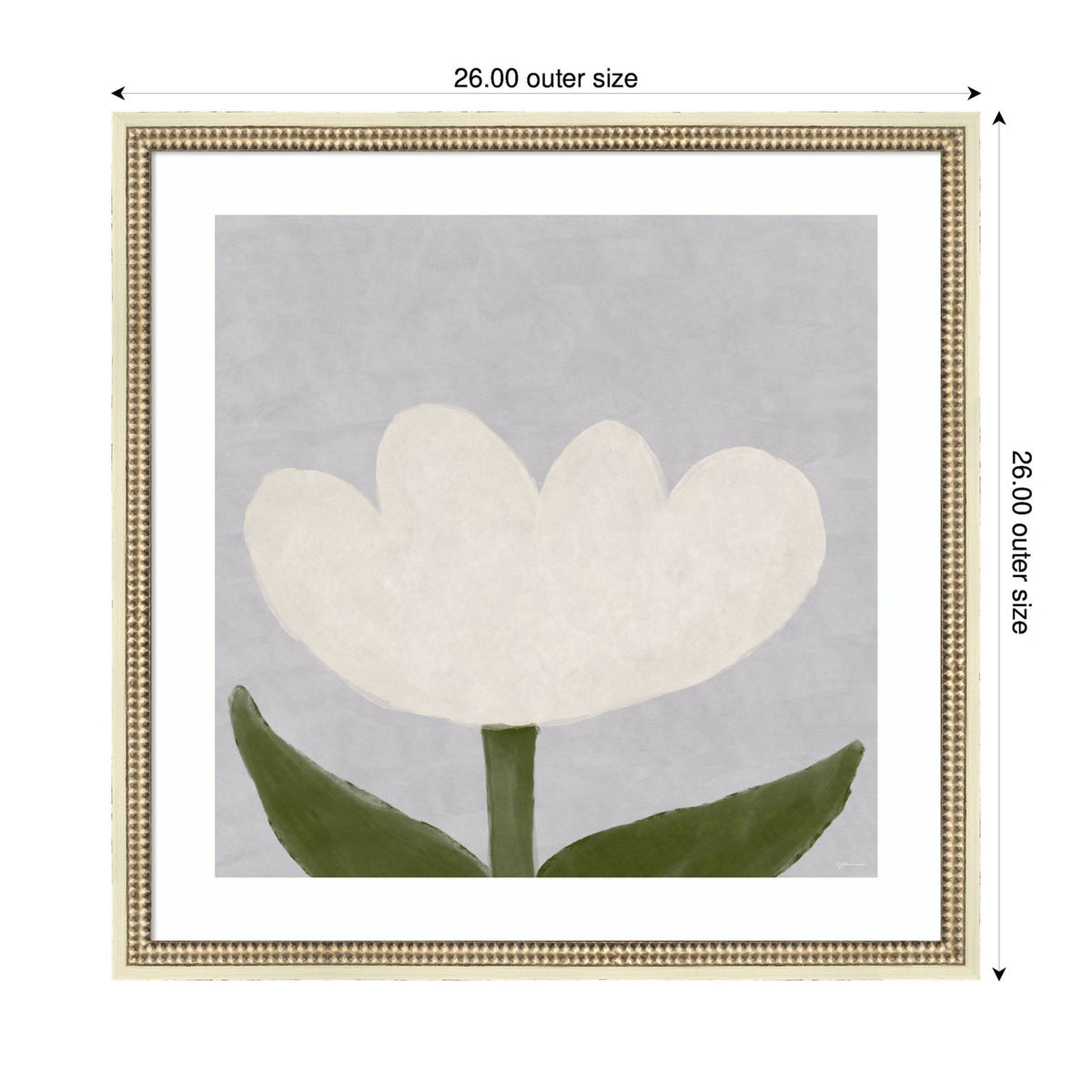 Framed painting of a simple white tulip with two green leaves on a muted grayish-blue background, in a decorative beaded light gold frame.