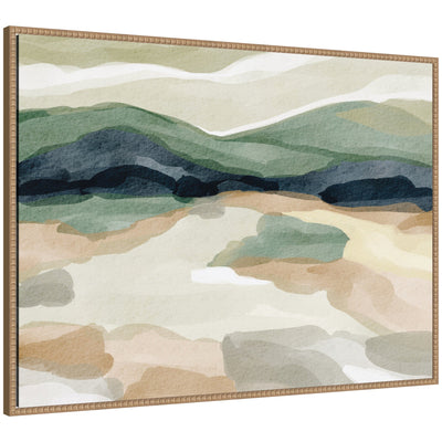 Beauty After Rain by Nikita Jariwala framed canvas wall art showing a muted contemporary landscape with greenery framed in rustic beaded wood