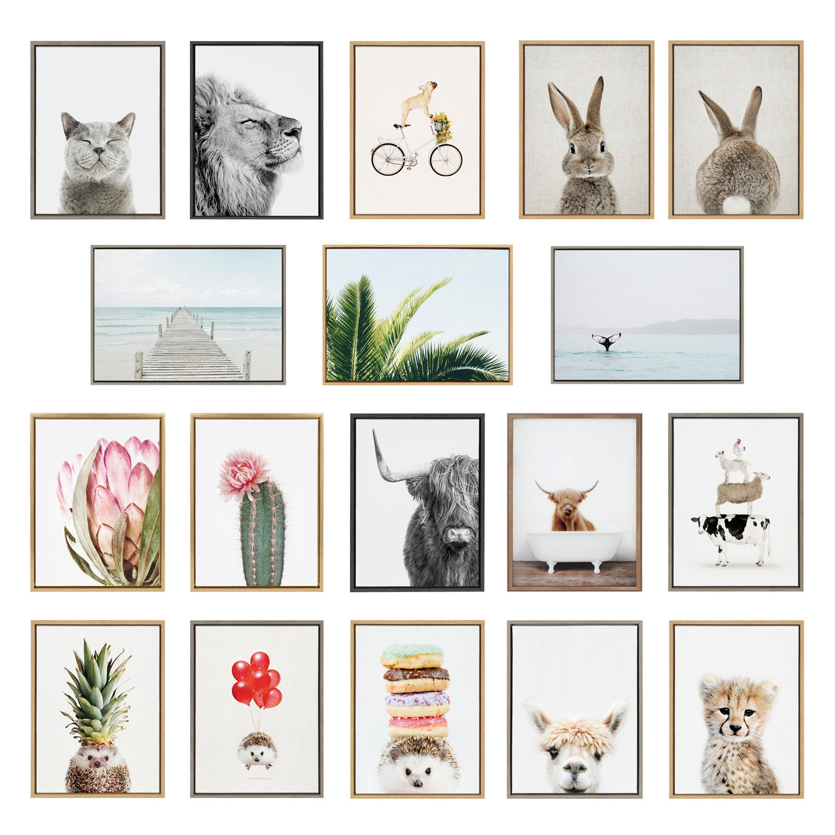 Fifteen framed art prints arranged in a grid, featuring animals, nature scenes, and whimsical compositions with muted tones and soft pastel backgrounds.