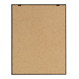 Back of a wooden framed canvas with tan-colored hardboard backing and black metal hanging hooks at the top edge, surrounded by a thin black frame.