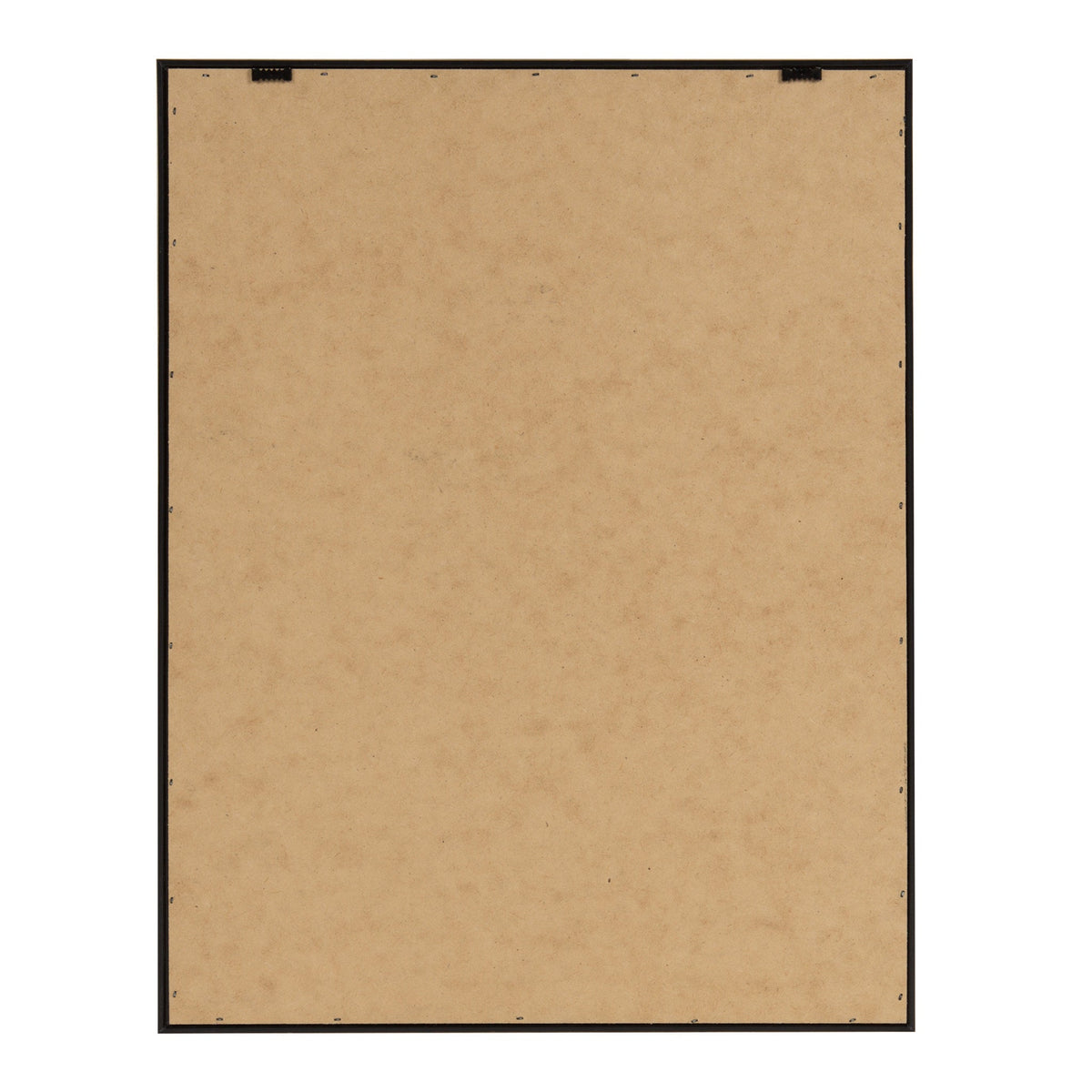 Back of a wooden framed canvas with tan-colored hardboard backing and black metal hanging hooks at the top edge, surrounded by a thin black frame.