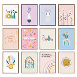 Twelve framed prints arranged in a 4x3 grid, featuring pastel colors, floral illustrations, motivational texts, and abstract designs with pink, blue, and beige backgrounds.