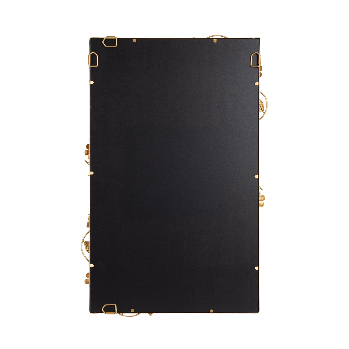 Rectangular black metal panel with small gold metal clasps evenly spaced around the edges, viewed from the back.