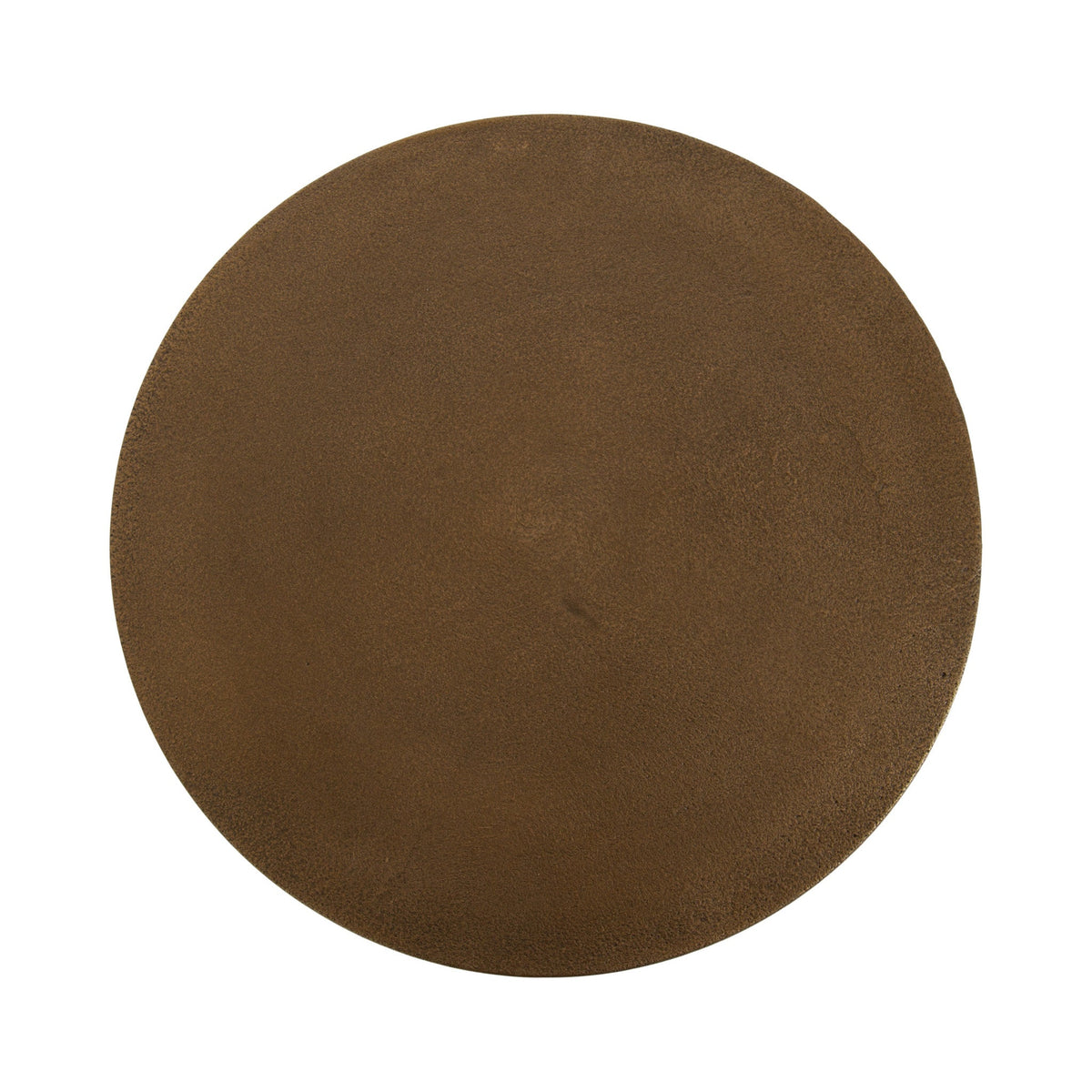 Round metal side table top with a textured rust brown finish resembling weathered iron, shown from a direct overhead view.