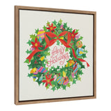 Framed canvas art featuring a colorful Xmas wreath with festive red and green foliage and 'Happy Holidays' script by Shannon Snow