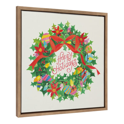 Framed canvas art featuring a colorful Xmas wreath with festive red and green foliage and 'Happy Holidays' script by Shannon Snow