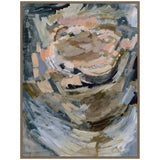 Abstract painting with broad brushstrokes in beige, brown, blue, and white tones creating a swirling, layered composition on a framed canvas.