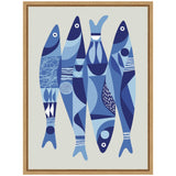 Five stylized sardines in varying shades of blue with geometric and abstract patterns, arranged vertically against a light gray background in a wood frame.