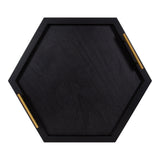 Hexagon-shaped black wooden tray with two slim gold metal handles on opposite sides, shown from overhead against a white background.