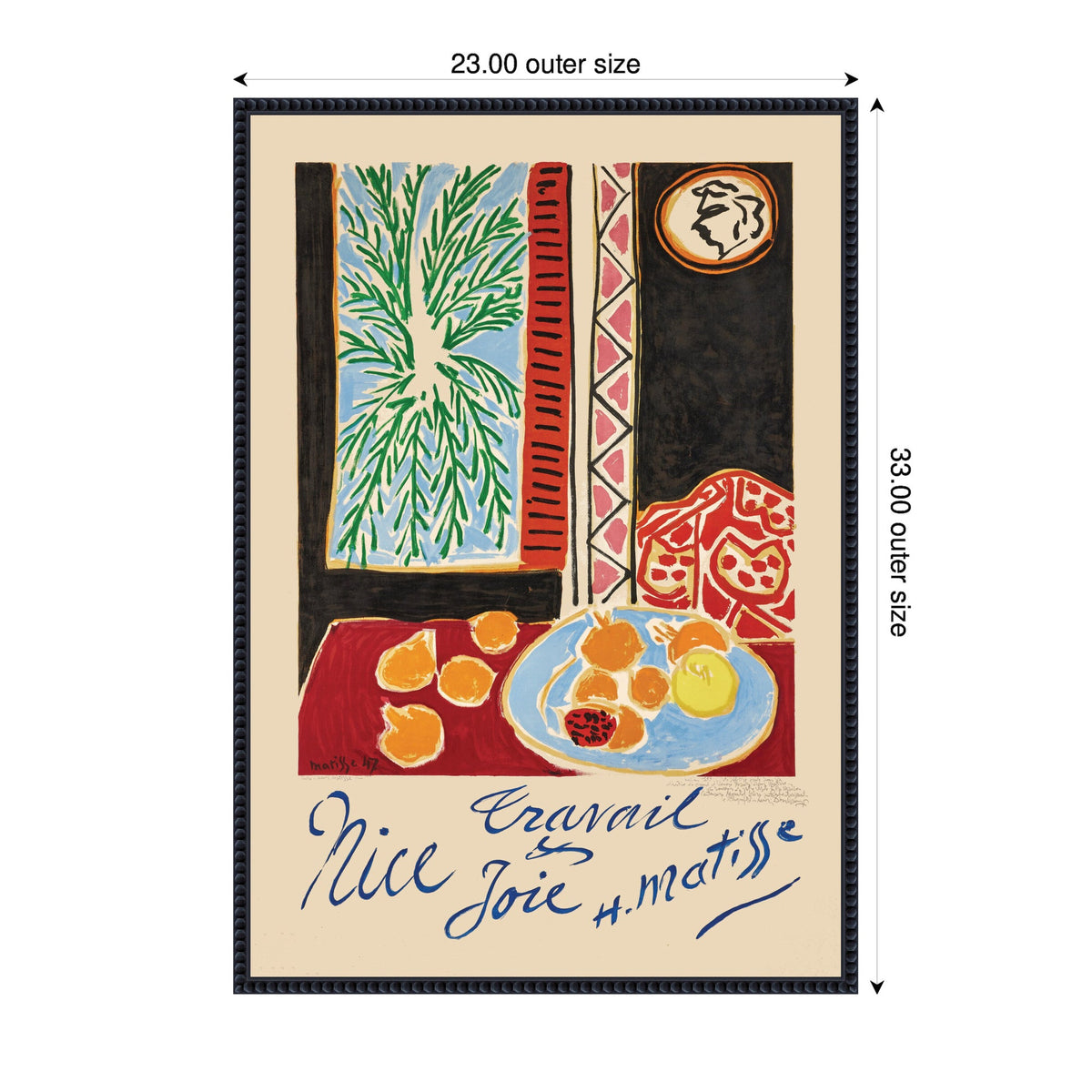 Henri Matisse style colorful still life with a blue plate of fruit, orange peels on a red table, green palm leaves through a window, and a clock on a black wall.