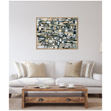 Abstract horizontal canvas featuring overlapping rectangular and linear shapes in muted tones of black, white, beige, and gray with wood frame, above beige sofa.