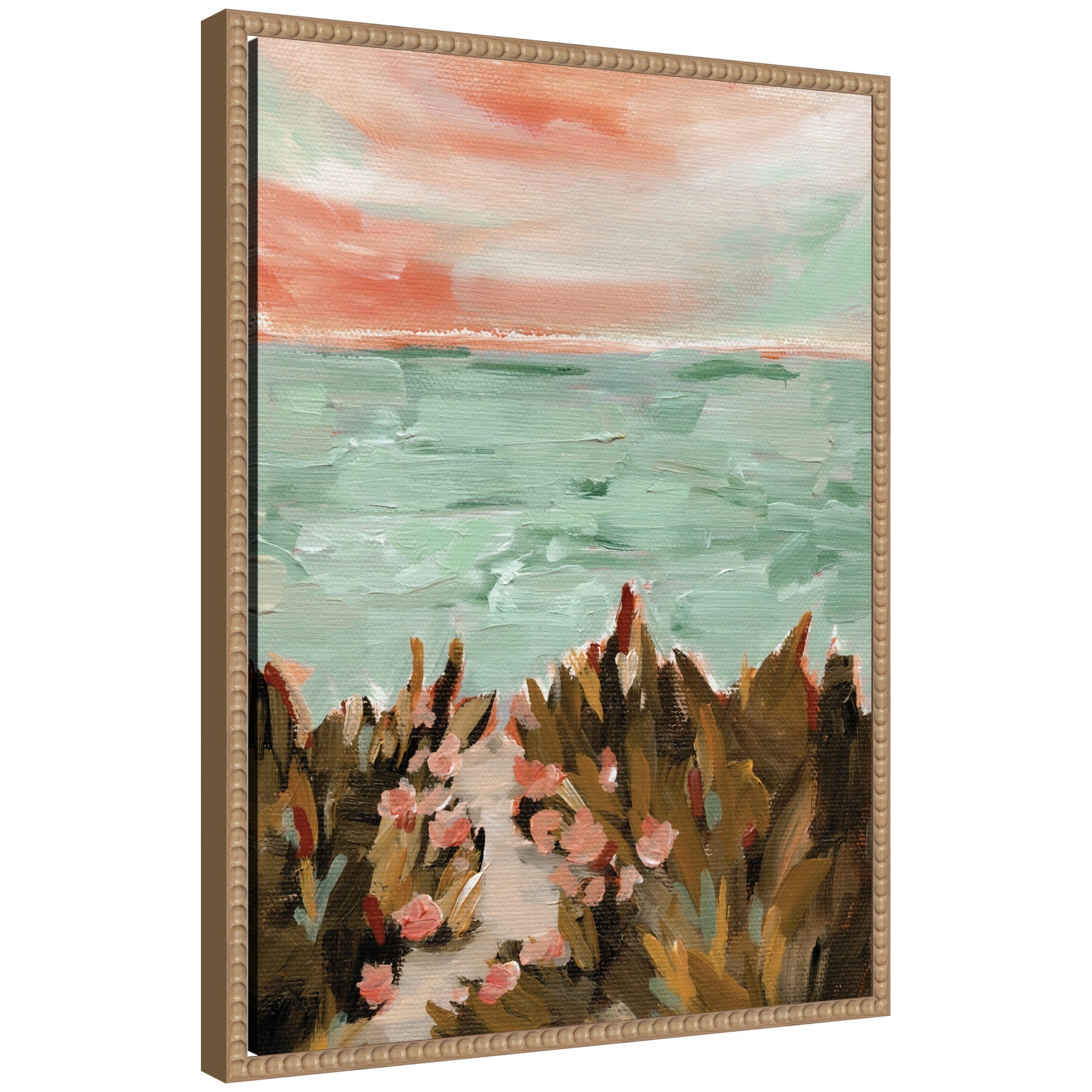 Sylvie Landscape 02 Beach Framed Canvas Art showing a coastal beach scene with a beaded natural wood frame