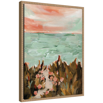 Sylvie Landscape 02 Beach Framed Canvas Art showing a coastal beach scene with a beaded natural wood frame